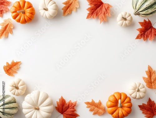 Minimalistic Autumn Background with Pumpkins and Orange Maple Leaves Border on White, Cozy Festive Flat Lay for Thanksgiving and Fall Promotion, Selective Focus