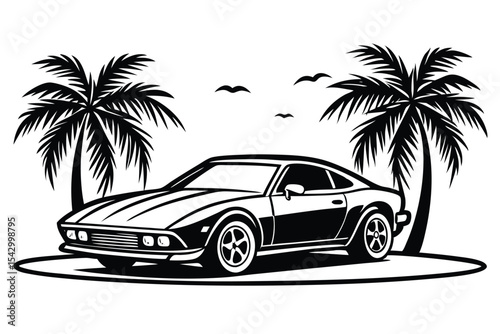 Classic Muscle Car Illustration Tropical Beach Paradise