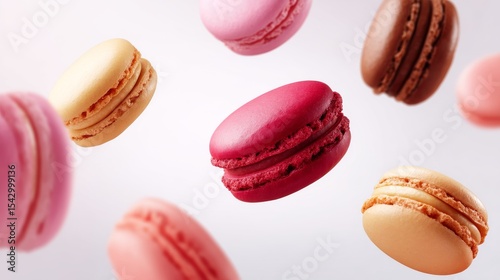 Wallpaper Mural Colorful macarons in various flavors floating in the air. These French pastries are delicate and stylish. Perfect for dessert lovers and cake enthusiasts. Sweet and vibrant dessert. AI Torontodigital.ca