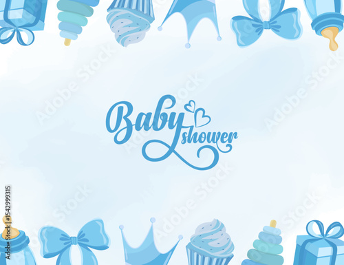 Baby shower background with blue baby boy illustrations Pacifier socks bow presents