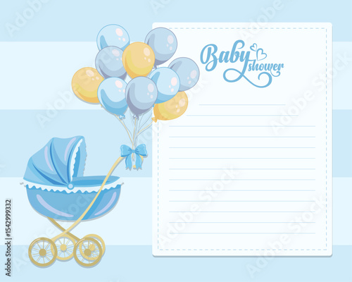 Baby shower invitation or greeting card template with cute blue baby boy stroller