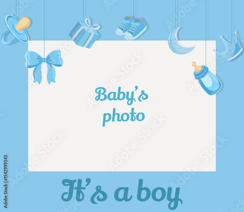 New born photo frame Its a boy with blue cute flat illustrations Baby shower