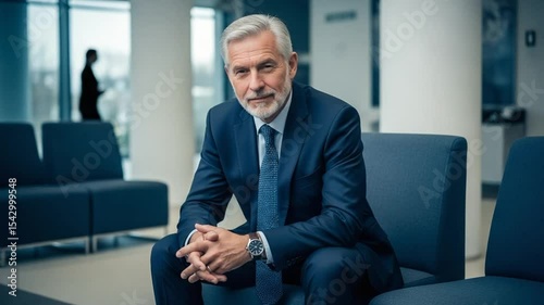 Contemplative Mature Businessman in Blue Suit Sitting with Arms Crossed in Modern Lobby Waiting Area with Neutral Background and Natural Light