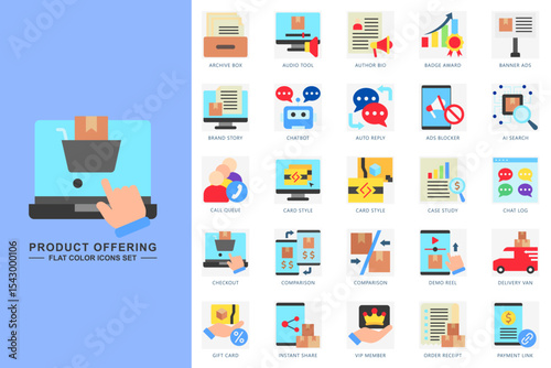 Product offering flat icons set. contain affiliate, ai model, notification, chatbot, email, download and more. use for modern concept, print, UI, UX kit, web and app development. Vector EPS 10