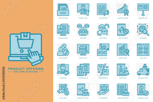 product offering dual tone color icons set. contain archive box, audio tool, chatbot, ai search, checkout and more. use for modern concept, print, UI, UX kit, web and app development. Vector EPS 10