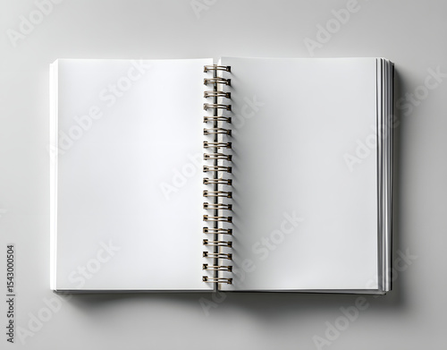 Open blank notebook with white pages on white background. Spiral binding. Diary or planner for notes ideas concepts. Minimalist design. Copy space. Clean, simple, business, office concept. photo