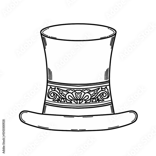Elegant top hat with ornate band Vector. Hand drawn vintage magic show hat