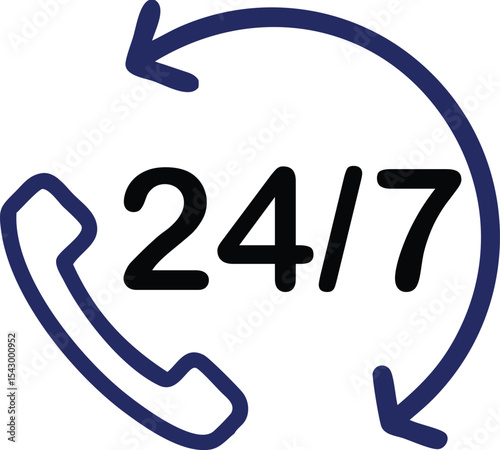 24/7 Customer Support Icon – Phone Vector with Arrows. 24/7 availability icon support service symbol.