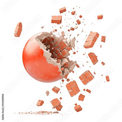 Shattering Red Sphere Breaking Through Brick Wall Isolated Background