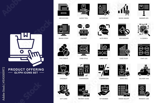 Product offering glyph icons set. contain affiliate, ai model, notification, chatbot, email, download and more. use for modern concept, print, UI, UX kit, web and app development. Vector EPS 10