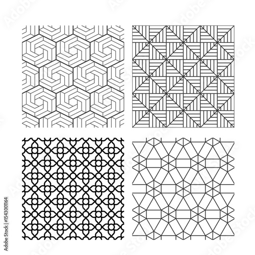 Collection of seamless ornamental vector patterns and swatches. Black geometric oriental backgrounds.