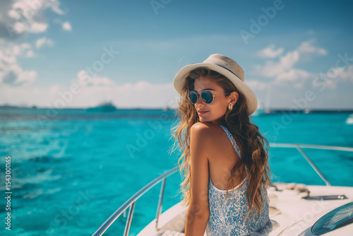 A woman wearing a straw hat and sunglasses is sitting on a boat in the ocean. The scene is bright and sunny, and the woman is enjoying her time on the water