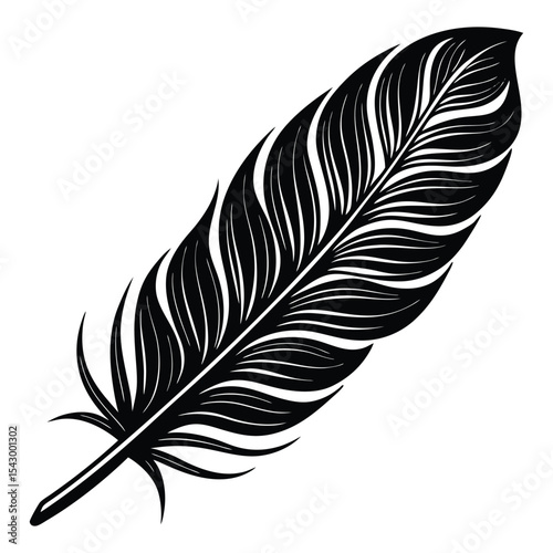 Black silhouette of a feather with a detailed design Vector