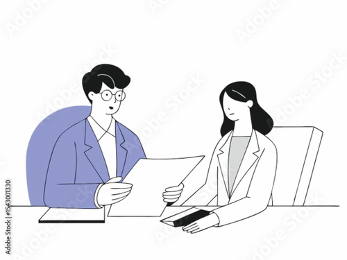 Two businesspeople in suits, a man and a woman, symbolize teamwork and success in an office meeting