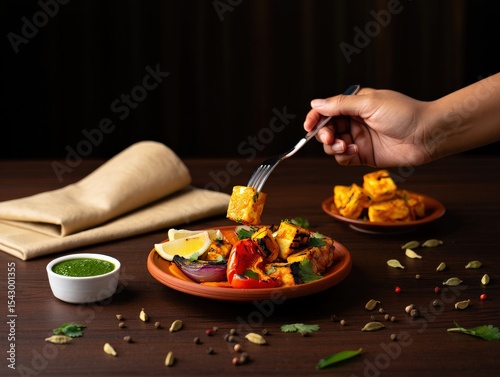 Hand reaching for grilled paneer tikka on clay plate with lemon and chutney, South Asian vegetarian protein source in flavorful rustic setting, Selective Focus