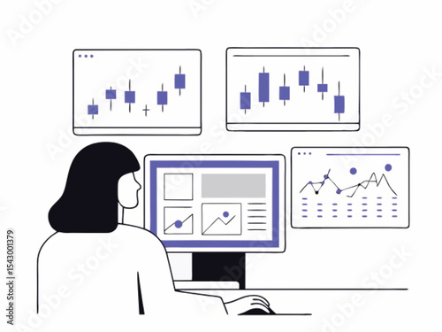 Businesswoman and businessman analyze financial growth charts on laptop and computer screens in an office, illustrating a concept of success and technology