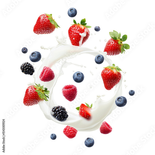 Fresh Berries Splashing in Cream on Isolated Transparent Background