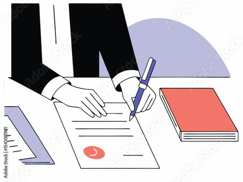Close-up of a person's hand with a pen writing on a business document, chart, or contract on a clipboard at an office desk