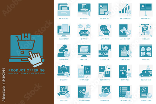 product offering dual tone color icons set. contain archive box, audio tool, chatbot, ai search, checkout and more. use for modern concept, print, UI, UX kit, web and app development. Vector EPS 10