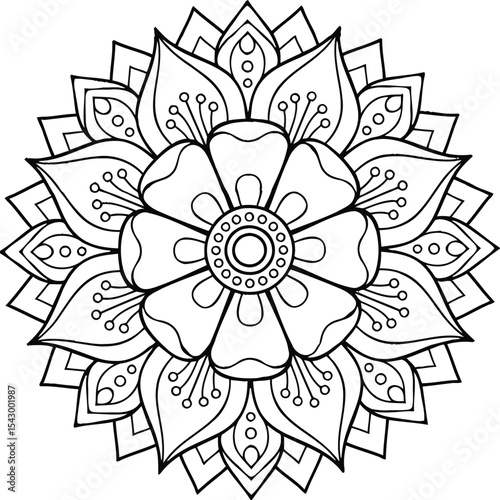 A serene flower mandala illustration inspires mindfulness and creativity promoting peace and calm with crisp black lines