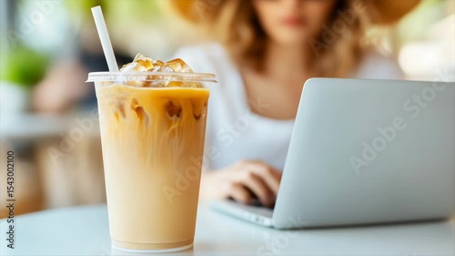 Woman working on laptop while enjoying iced coffee at outdoor cafe during sunny day