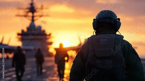 Aboard a military aircraft carrier with service members preparing for missions