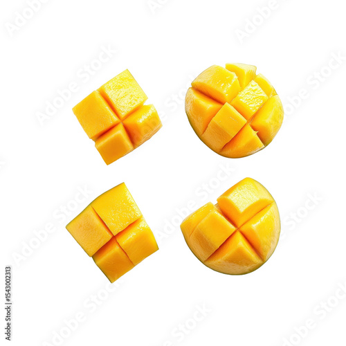 Mango Cubes: Overhead shot showcases four perfectly cubed mango pieces. Each piece exhibits vibrant hues and enticing textures, an ode to the tropics.