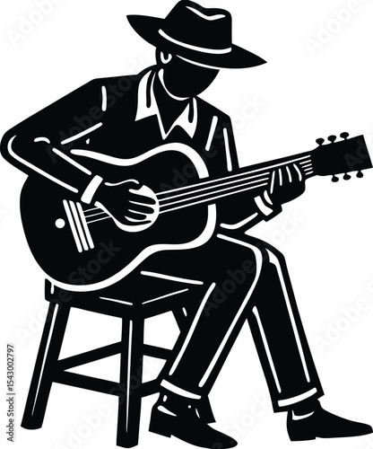 Silhouette of musician seated on stool playing instrument silhouette