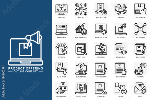 Product offering outline icons set. contain affiliate, ai model, notification, chatbot, email, download and more. use for modern concept, print, UI, UX kit, web and app development. Vector EPS 10