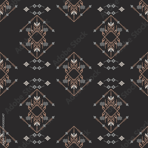 Ethnic boho seamless pattern on a black background. Tribal pattern. Folk motif. Textile rapport. Pixel pattern. Cross-stitch pattern.  Ideas for wallpaper, tiles, pottery, and textiles.