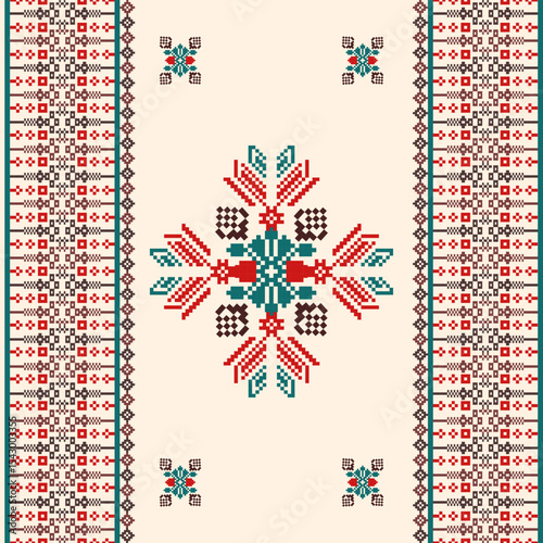 Ukrainian folk pattern. Ethnic ornament. Seamless vector background. Pixel Pattern. Cross-stitch pattern. Ideas for wallpaper and textiles.