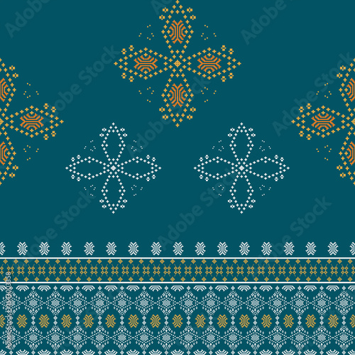Seamless pattern with decorative ornament in ethnic style. Vector illustration. Pixel design pattern. Cross-stitch pattern. Ideas for elaborate borders, wallpaper, and textiles.