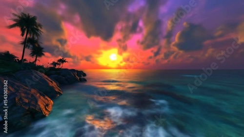Tropical coastline sunset radiates vibrant sky colors with palm trees and blurred waves. Nature concept
