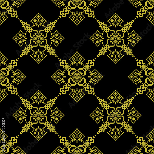Seamless pattern with geometric ornament in the style of embroidery. Pixel design pattern. Cross-stitch pattern. Ideas for elaborate borders, wallpaper, and textiles.