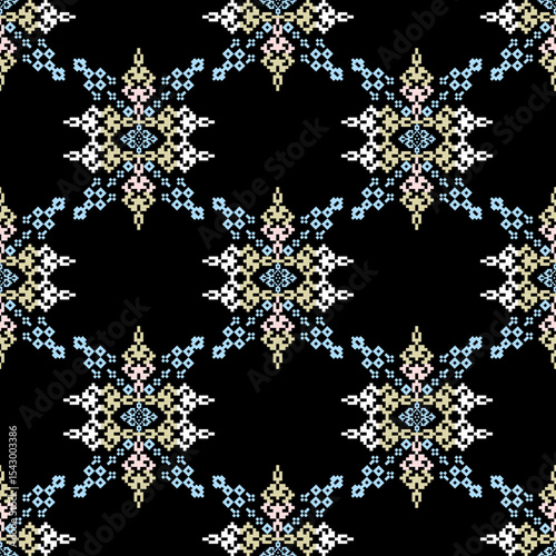 Ethnic boho seamless pattern. Patchwork texture. Weaving. Traditional ornament. Tribal pattern. Folk motif. Pixel pattern. Cross-stitch pattern. Ideas for wallpaper, textiles, wrapping, and background