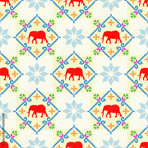 Ethnic seamless pattern with elephants. Tribal background. Vector illustration. Pixel Pattern. Cross-stitch pattern. Ideas for wallpaper, tiles, pottery, and textiles.
