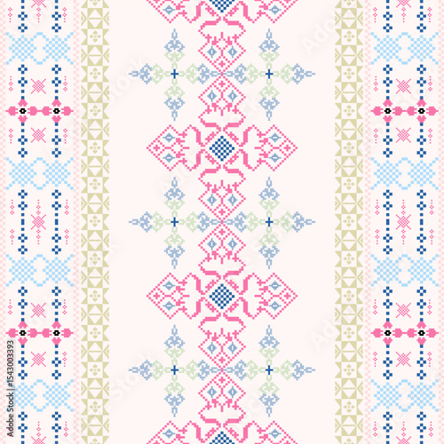 Ukrainian folk pattern. Ethnic ornament. Seamless vector background. Pixel design pattern. Cross-stitch pattern. Ideas for elaborate borders, wallpaper, and textiles.