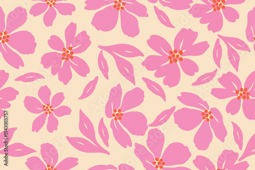 Seamless pink floral pattern with scattered petals and red centers on a light cream background. A cheerful, modern design perfect for spring-themed prints and products.