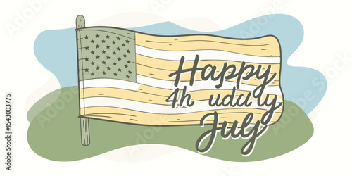 Illustration of an american flag with happy fourth of july text in a celebratory design style