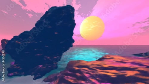 Surreal ocean view features glowing sunset sky and dark rock silhouette in vibrant tropical color scheme. Nature concept