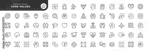 Core values line icon set. Positive personal qualities of a person and character traits. Efficiency, productivity, love, friendship, success and more. Outline icon in linear style. Vector collection.
