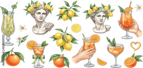 Aperol cocktail set, vector watercolor alcohol drinks print Italian summer lemon, hand with glass. Fresh beverages bar illustration ancient sculpture citrus fruit wedding design. Aperol cocktail party