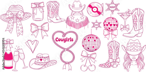 Cowgirl coquettish groovy party icon set vector hand drawn western bachelorette dancing doodle. American traditional hat, cowboy boots, disco ball, country woman face. Pink ribbon, cowgirl party print