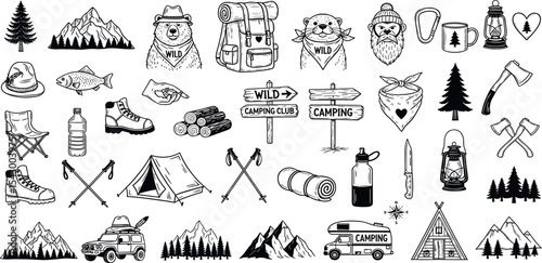 Camping doodle icon set, hand drawn forest adventure line sticker, vector mountain hiking objects. Cute bear logotype, outdoor activity adventure badge print, campfire, backpack, tent. Camping doodle.