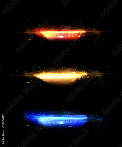 Horizontal light portals in red, yellow and blue with sparks and glow on a black background.