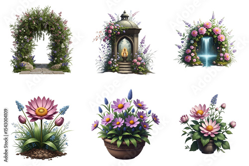Colorful floral arrangements with garden features and fountain  