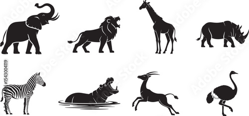 Vector Collection of African Safari Animal Silhouettes Featuring Elephant, Giraffe, Zebra, Hippo, Buffalo, Wildebeest, Antelope, and Ostrich on White Background