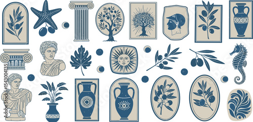 Greek mediterranean ancient print set, vector hand drawn summer vacation retro design object kit. Mythology bohemian silhouette, antique vase and column sign, sculpture emblem. Greek print olive stamp