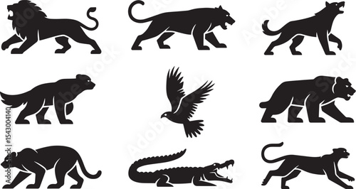 Vector Set of Wild Jungle Predator Animal Silhouettes Including Lion, Tiger, Leopard, Wolf, Bear, Crocodile, Eagle, and Panther on White Background