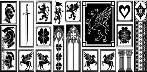 Gothic medieval heraldic print, vector hand drawn linocut fantasy royal ornamental illustration. Magic fairy tale frame vintage knight symbol, European folklore beast dragon silhouette. Medieval print